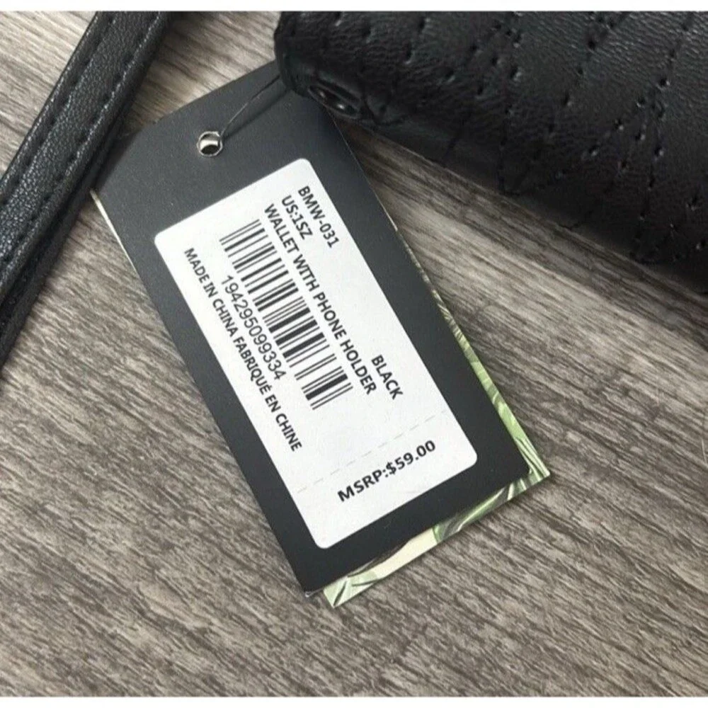 NWT Badgley Mischka Wallet With Phone Pocket Black Vegan Leather Wristlet Long